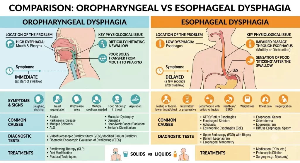 Oropharyngeal vs esophageal dysphagia comparison