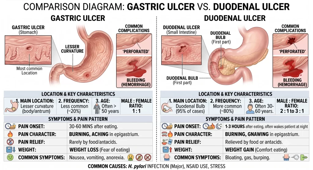Duodenal ulcer vs gastric ulcer location and symptom comparison diagram