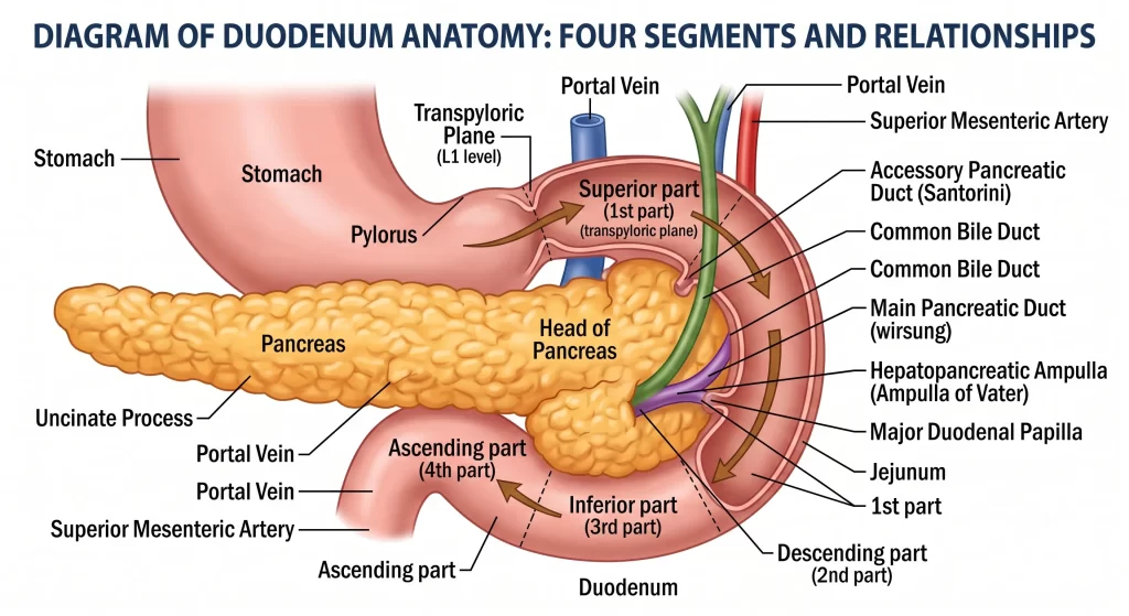 iagram of duodenum anatomy showing four segments and their relation to stomach, pancreas and bile duct